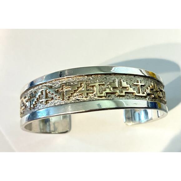 Navajo Signed Tommy Jackson Sterling , 14k Gold Overlay Design Cuff Bracelet 42g - Picture 13 of 14